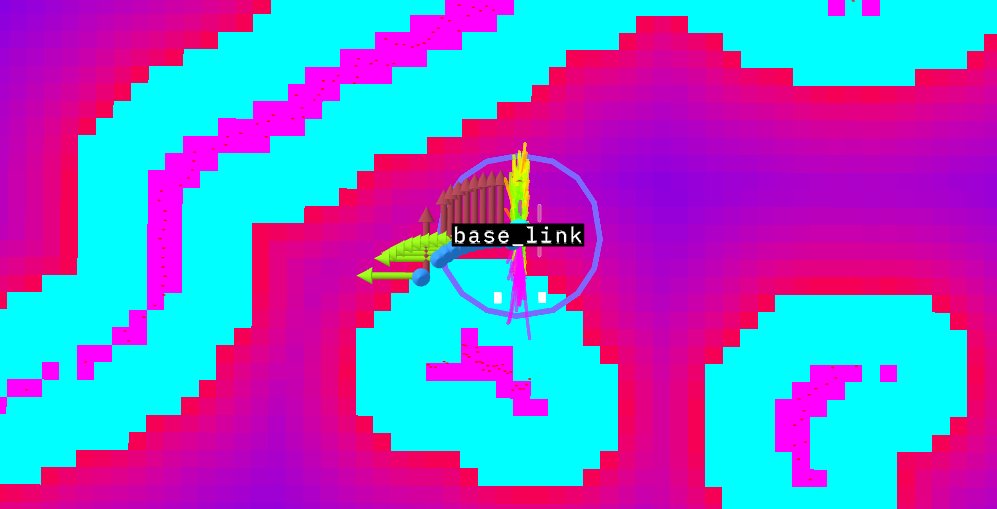 Foxglove costmap view of the stuck robot: base_link holding position inside the inflated local costmap with the obstacle directly ahead